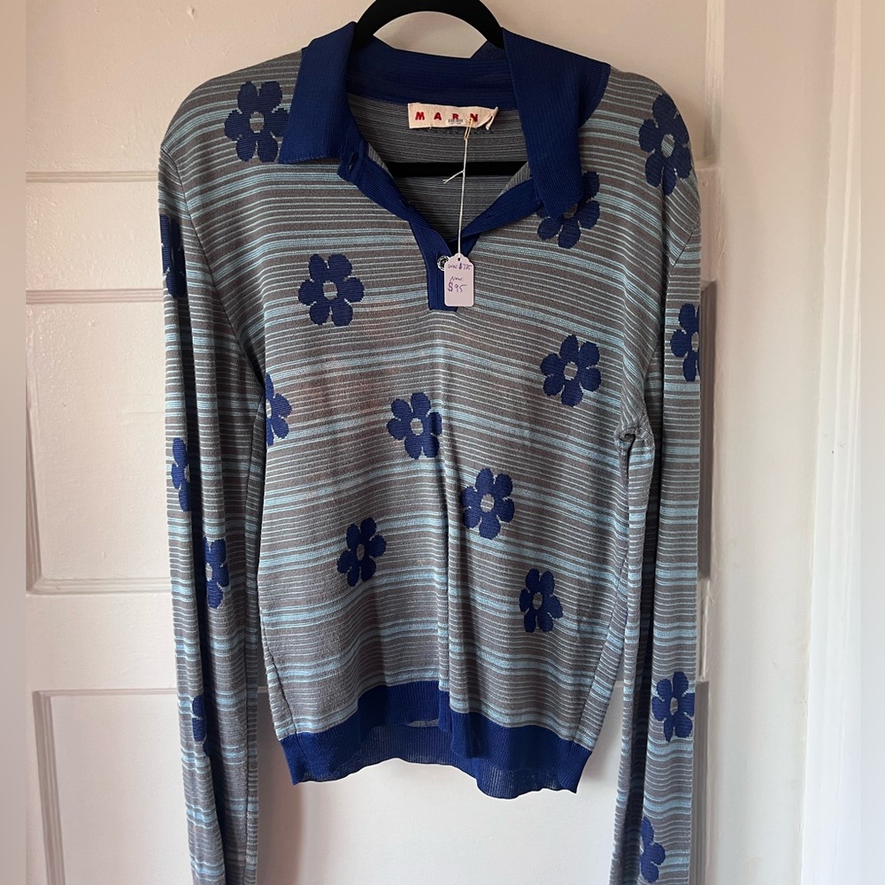 Marni Navy Floral Striped Top ($735 retail) size large - Damaged! Size large